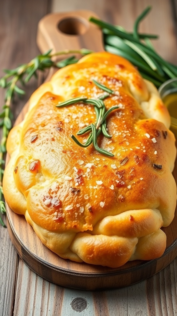Sourdough Focaccia Bread Recipe Golden-brown focaccia bread with rosemary and sea salt on a wooden board, with olive oil in the background.